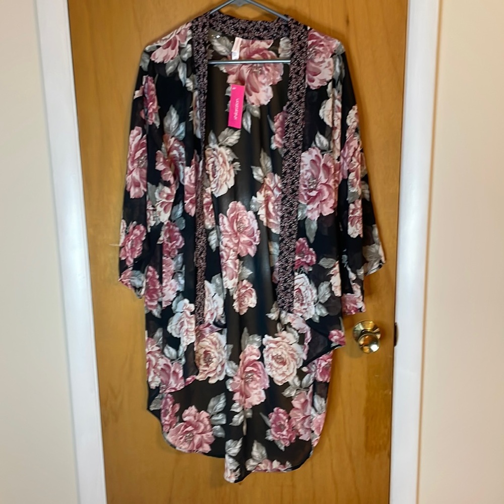 Xhilaration NWT Womens XS/S Black with Floral Sheer High Low Cover Up
